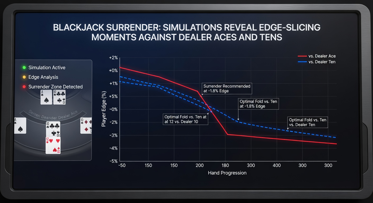 Detaillierte Simulations-Tabelle für Surrender-Entscheidungen gegen Dealer-Zehner, mit RTP-Werten und Edge-Reduktionen