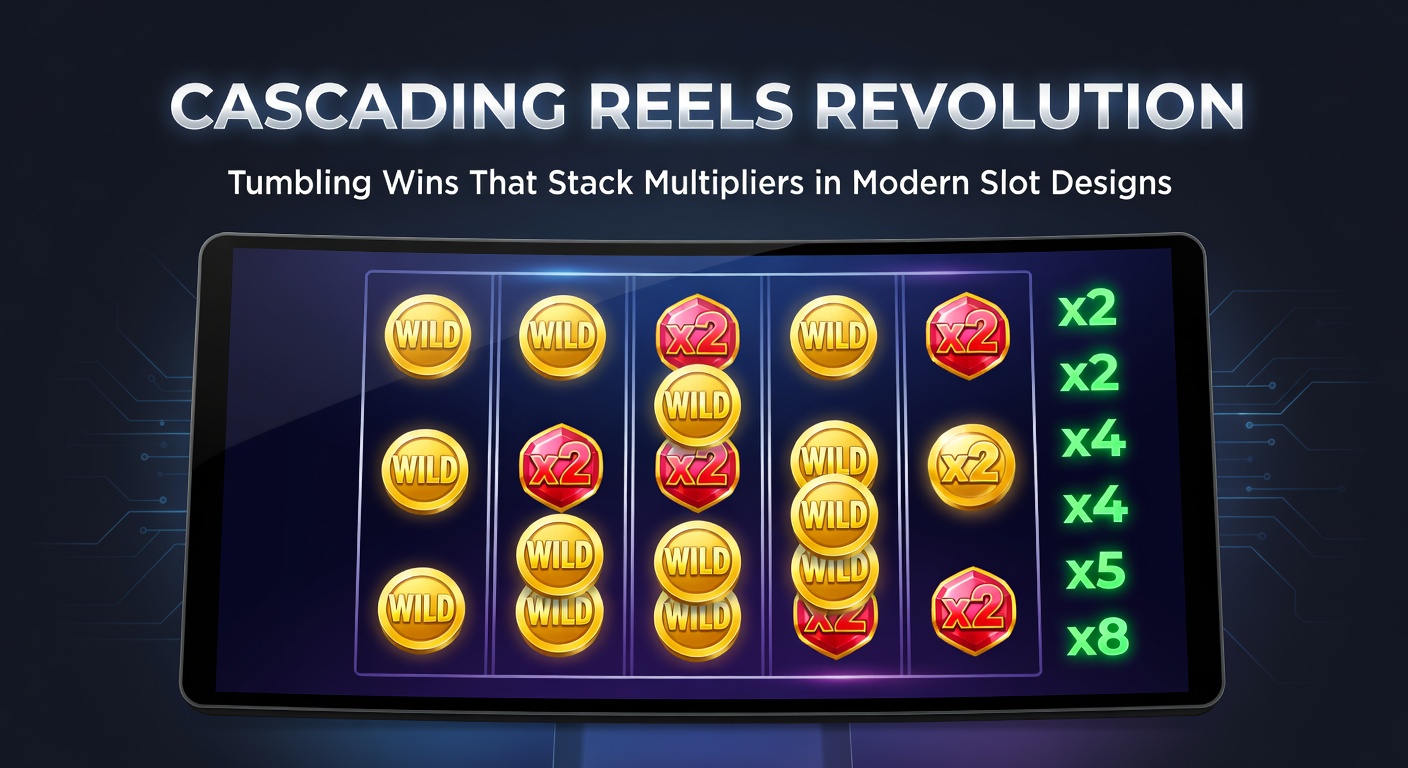 Dynamische Darstellung von Cascading Reels in einem modernen Slot, bei der Symbole nach unten fallen und Multiplikatoren aufsteigen