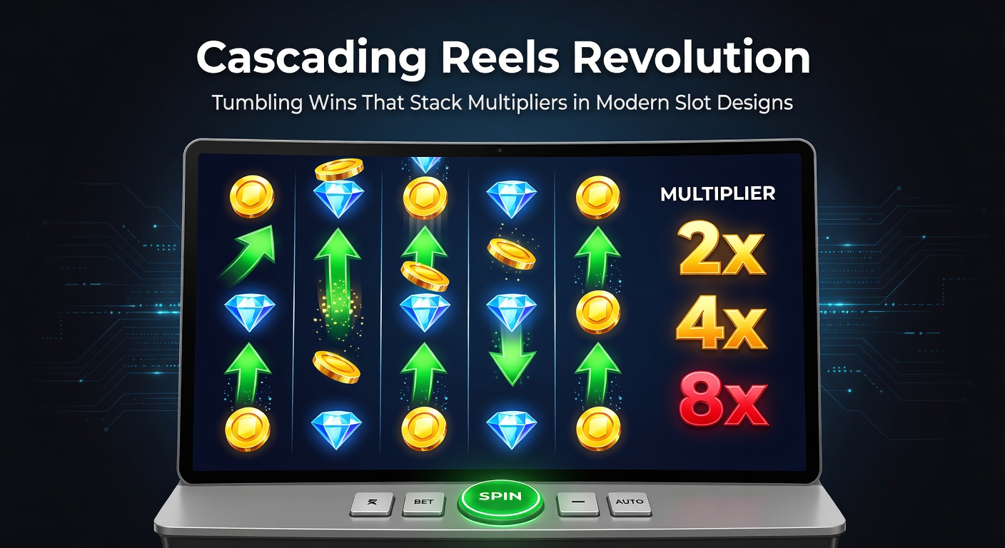 Nahaufnahme eines Slot-Screens mit stapelnden Multiplikatoren während einer Tumbling-Sequenz, Symbole fallen und Gewinne explodieren
