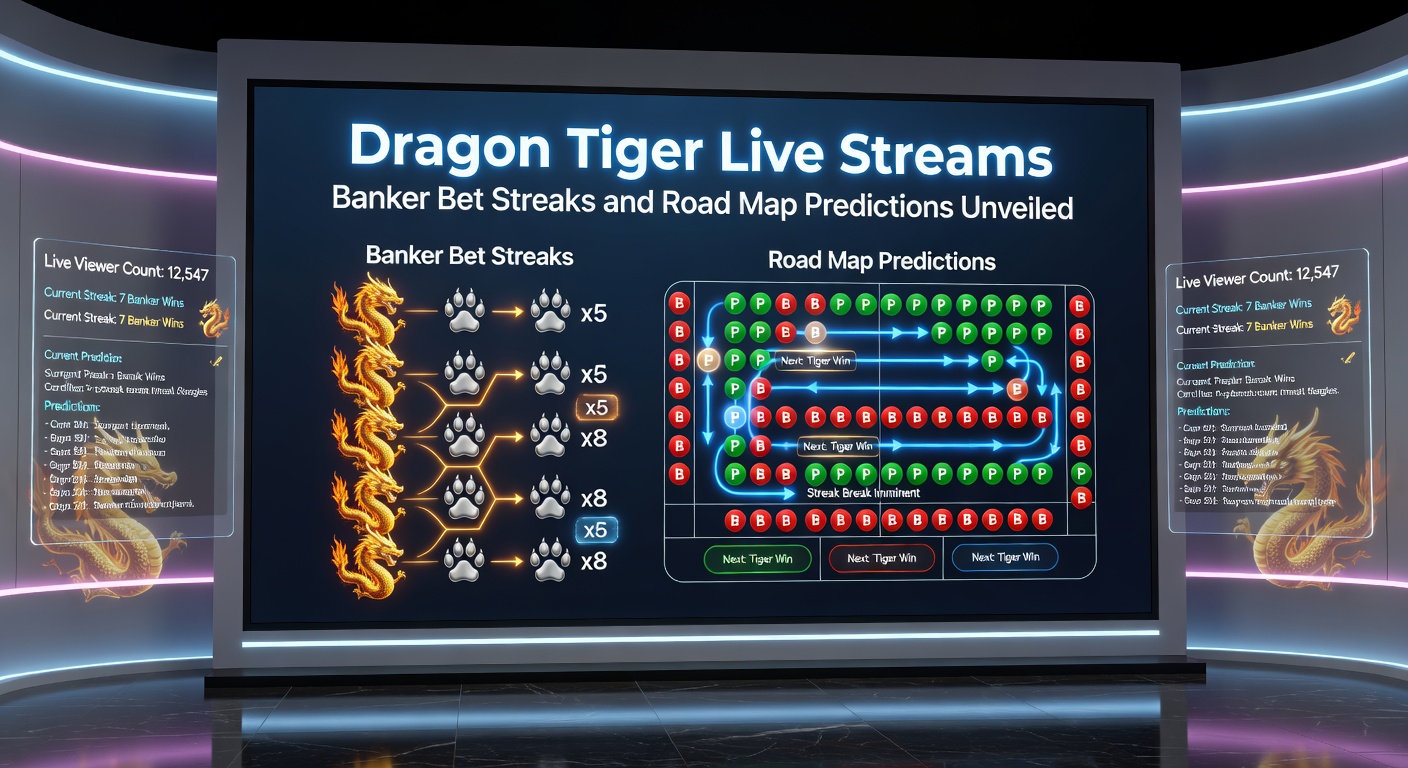 Live-Stream eines Dragon Tiger Tisches mit Road-Map im Hintergrund, die rote und blaue Kreise für vergangene Banker- und Player-Ergebnisse zeigt