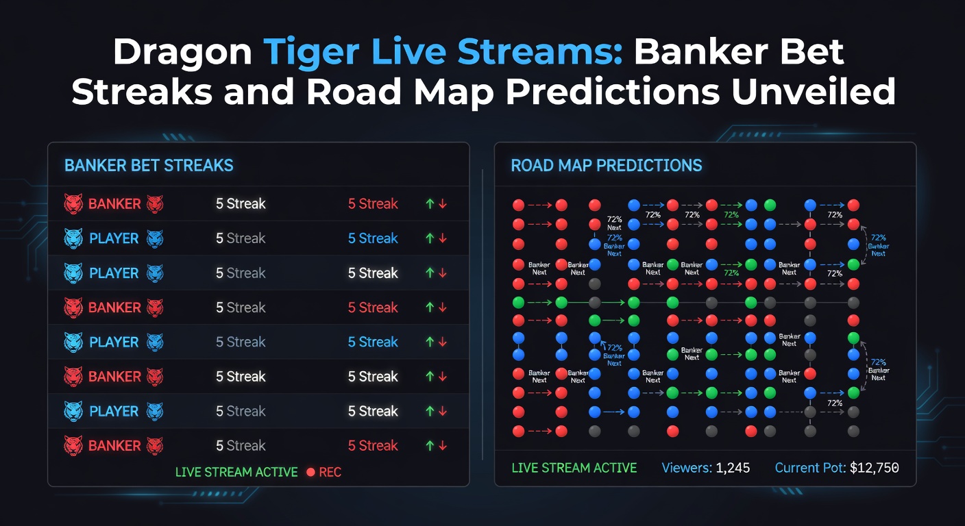 Detaillierte Road-Map eines Dragon Tiger Live-Tisches mit Banker-Streaks in roter Linie und Vorhersage-Pfeilen für nächste Runden