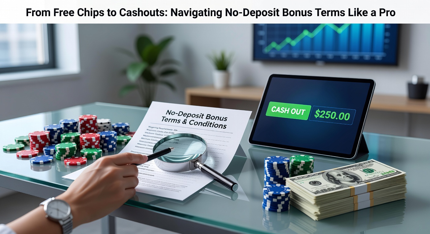 Darstellung eines Spielers, der No-Deposit-Bonus-Chips in ein Online-Casino einlöst und Gewinne auszahlt, mit Fokus auf Bedingungen und Strategien