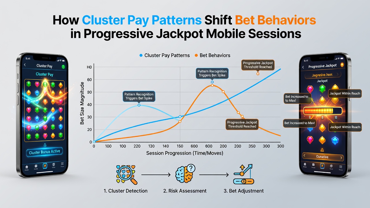 Mobile App-Oberfläche mit Cluster-Pay-Anzeige und Einsatzregler in einem Progressiven Jackpot-Spiel
