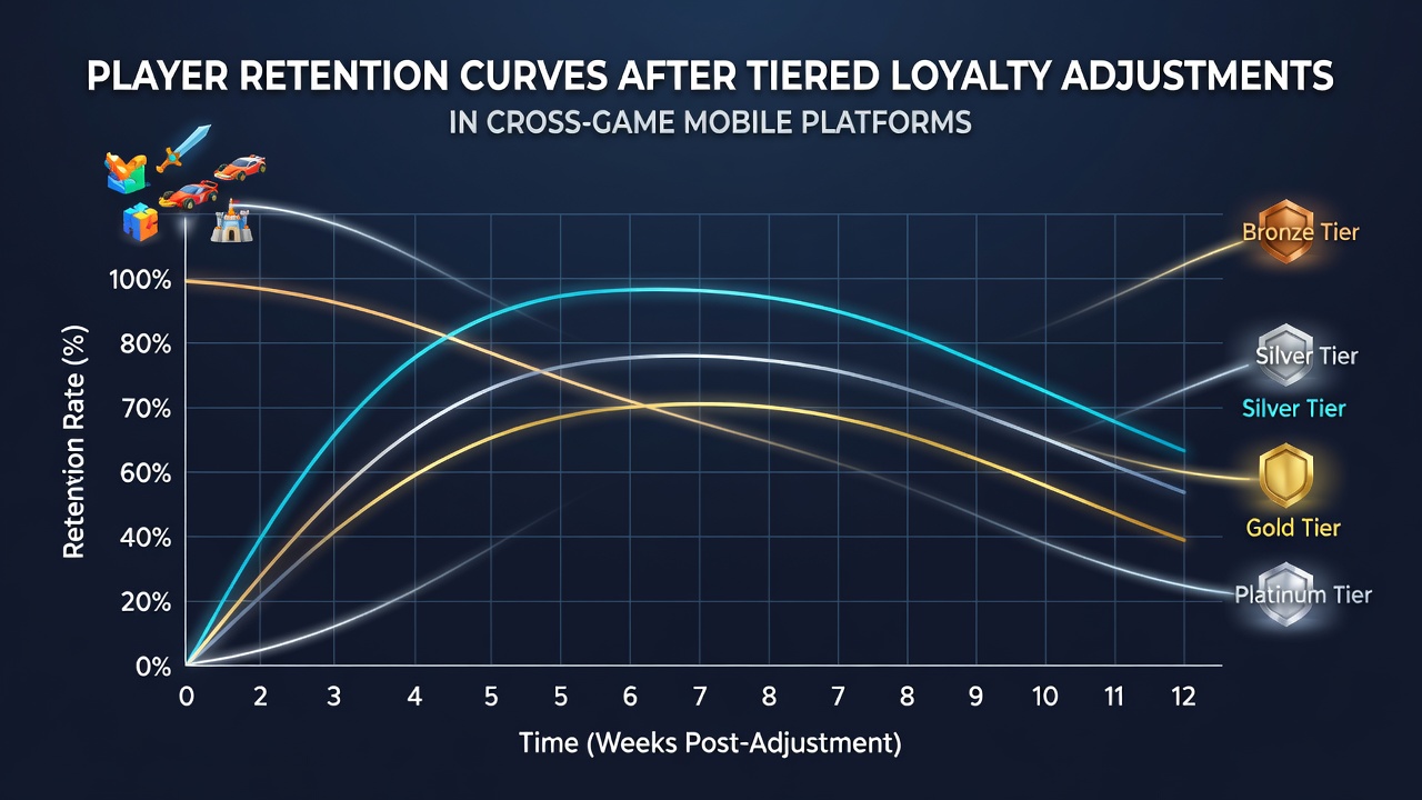 Diagramme zeigen typische Bindungskurven in mobilen Spielplattformen vor und nach Loyalitätsanpassungen